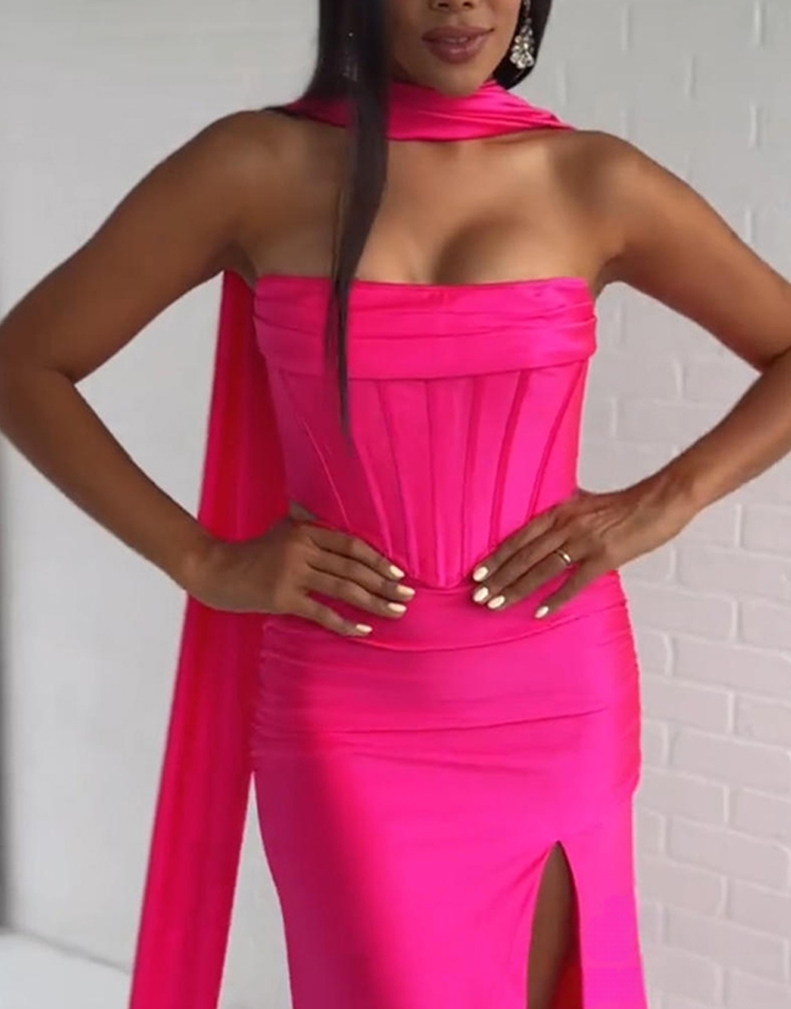 Fuchsia Mermaid Scarf Neck Corset Satin Long Prom Dress with Slit