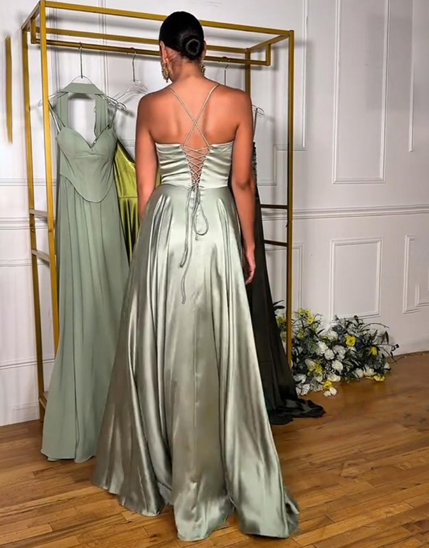 Light Green A Line Corset Spaghetti Straps Satin Long Prom Dress with Slit