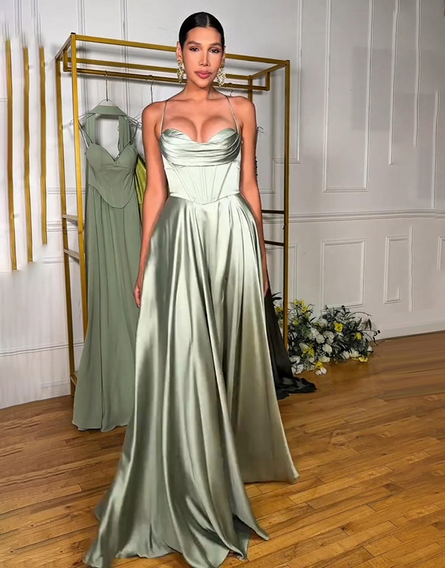Light Green A Line Corset Spaghetti Straps Satin Long Prom Dress with Slit
