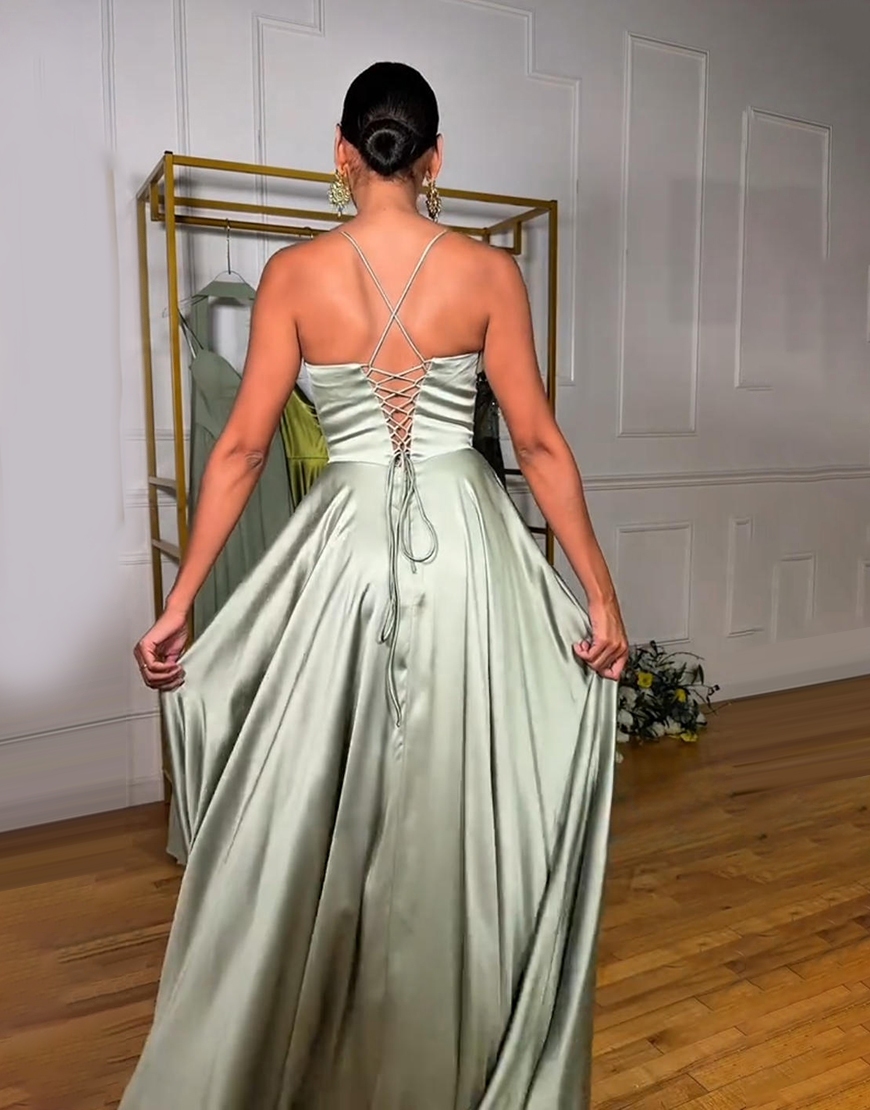 Light Green A Line Corset Spaghetti Straps Satin Long Prom Dress with Slit