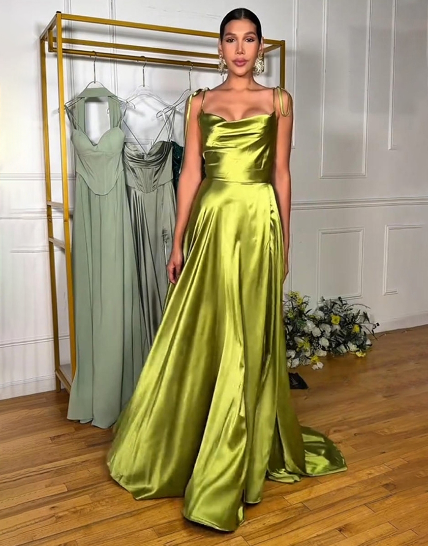 Green A Line Spaghetti Straps Satin Long Prom Dress