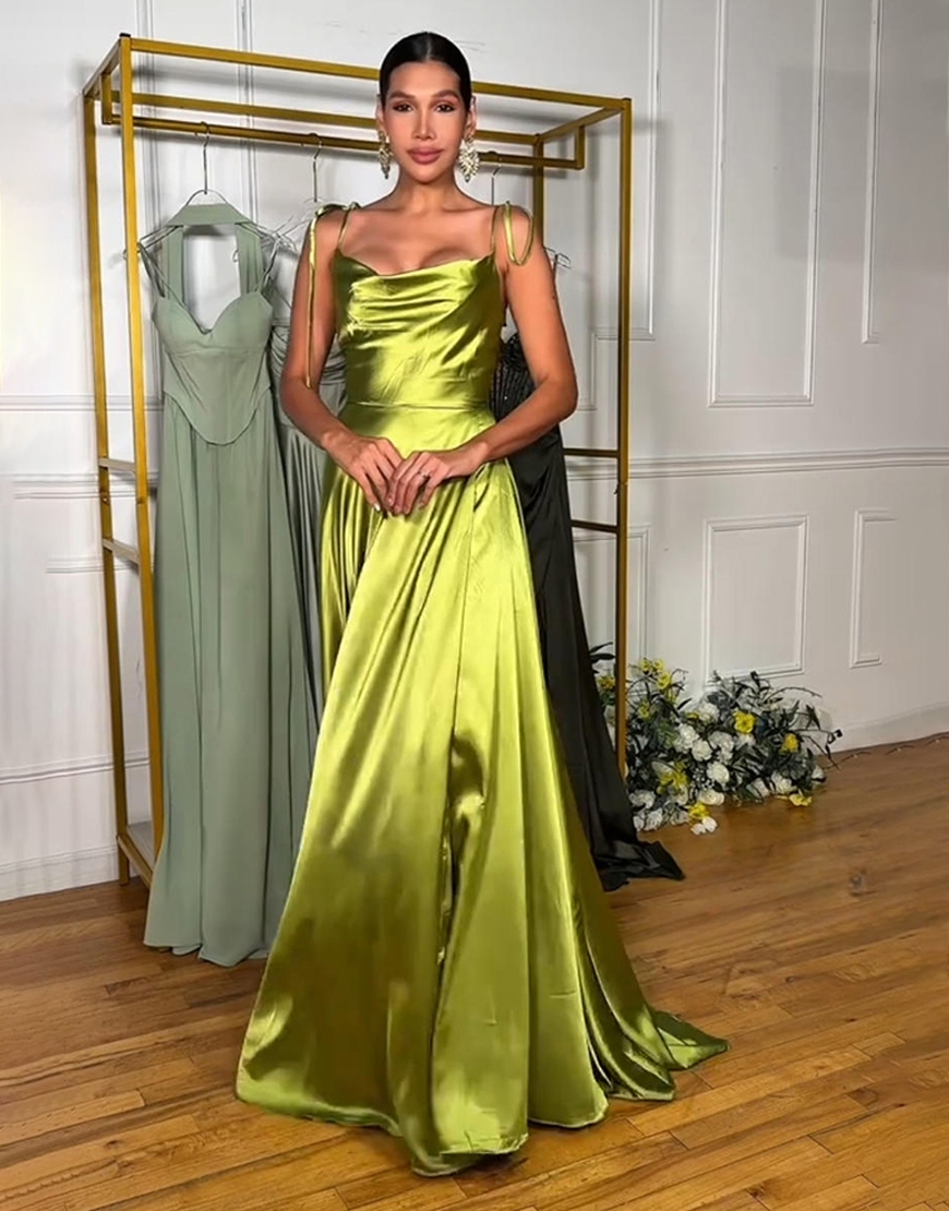 Green A Line Spaghetti Straps Satin Long Prom Dress