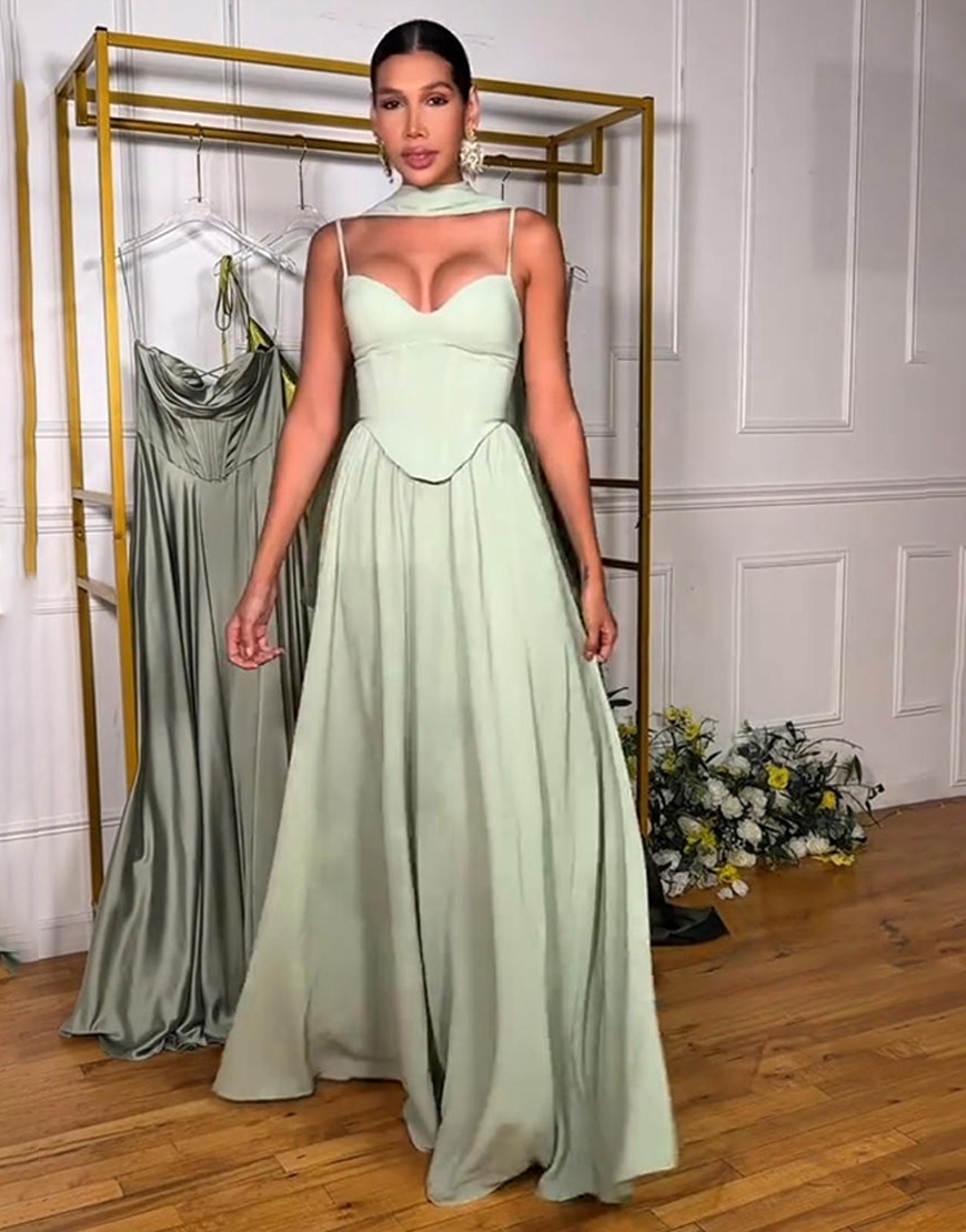 Light Green Satin A Line Corset Spaghetti Straps Long Prom Dress