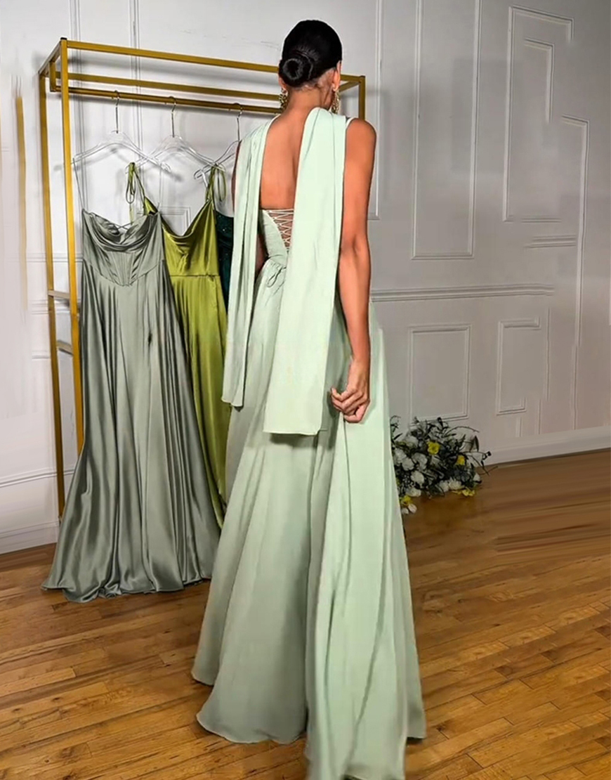 Light Green Satin A Line Corset Spaghetti Straps Long Prom Dress