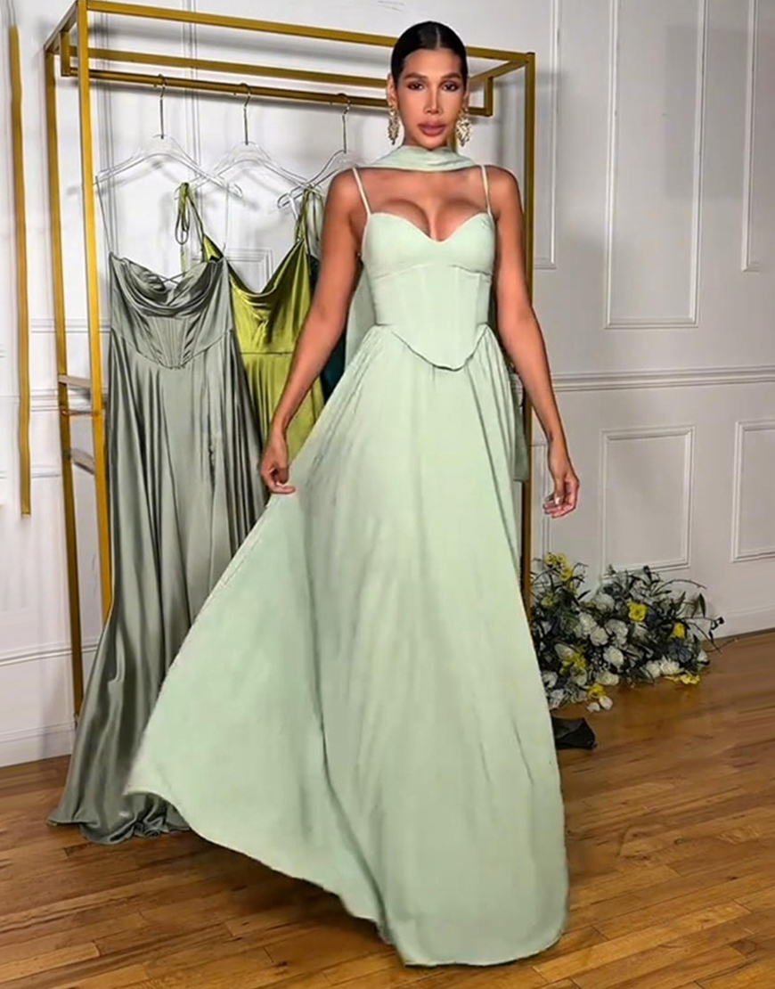 Light Green Satin A Line Corset Spaghetti Straps Long Prom Dress