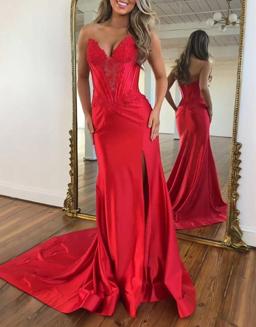 Sparkly Navy Corset Appliqued Mermaid Strapless Beaded Satin Long Prom Dress with Slit