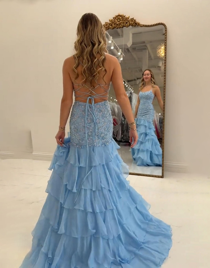 Blue Tiered Spaghetti Straps Mermaid Ruffled Floral Long Prom Dress with Slit