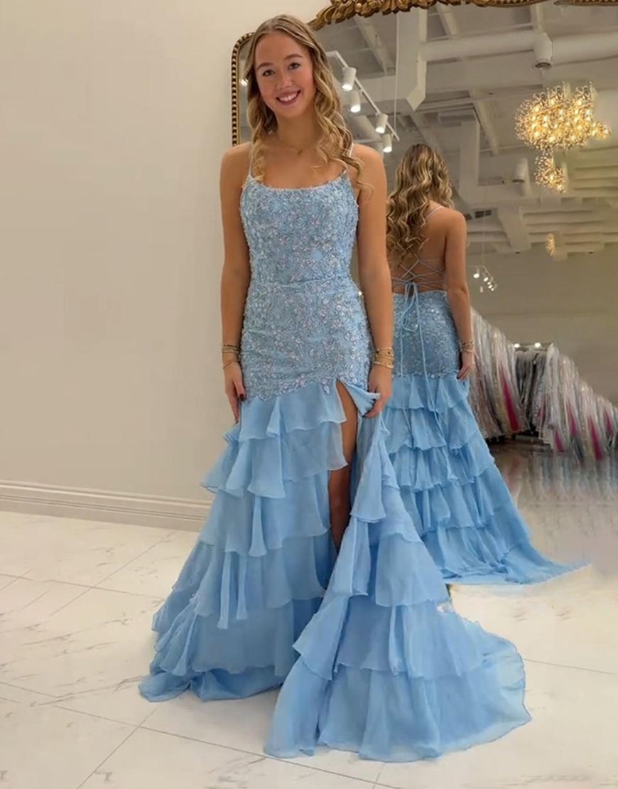 Blue Tiered Spaghetti Straps Mermaid Ruffled Floral Long Prom Dress with Slit