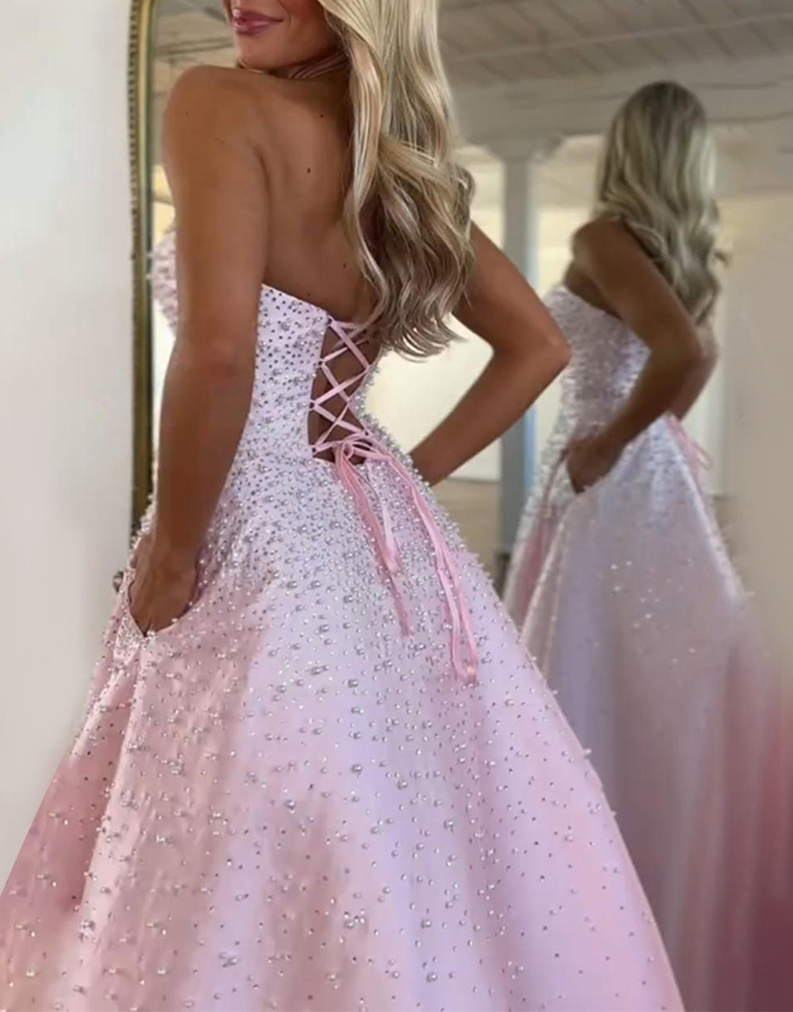 Sparkly Pink A Line Beaded Sweetheart Corset Long Prom Dress with Pockets
