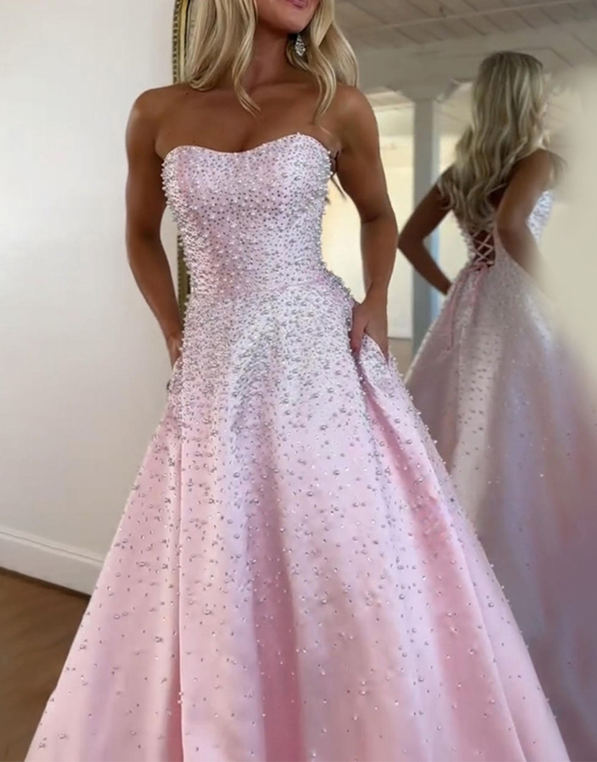 Sparkly Pink A Line Beaded Sweetheart Corset Long Prom Dress with Pockets
