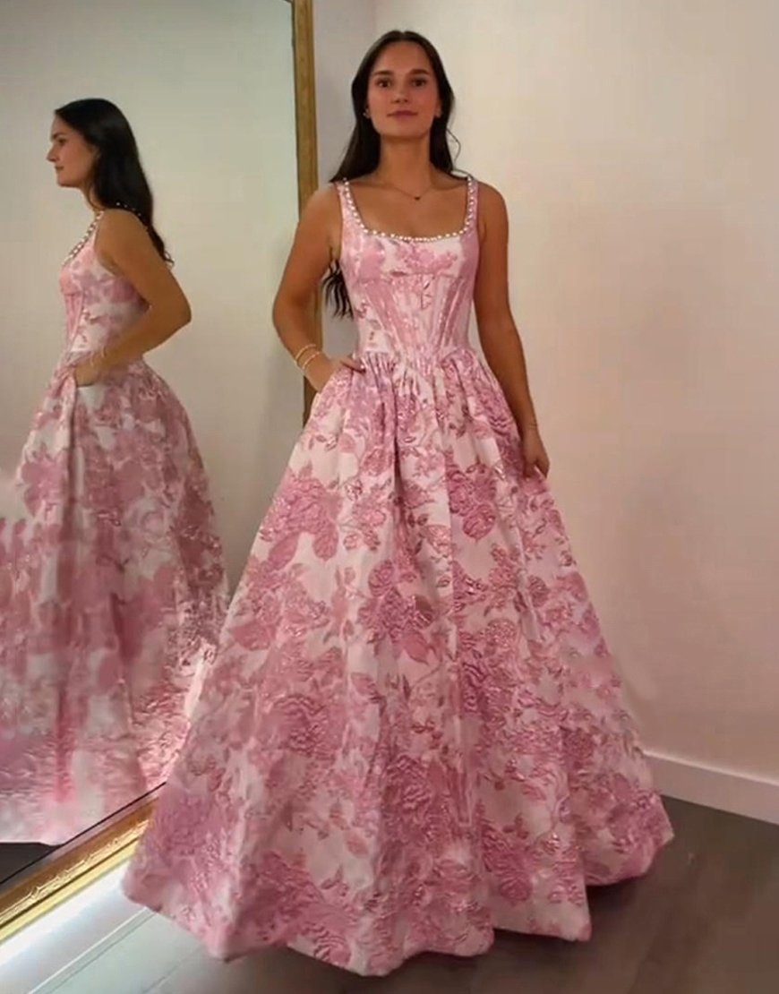 Berlinnova Women Sparkly Blush Floral Jacquare Long Prom Dress with Pearls Square Neck A Line Corset Pageant Dress with Pockets