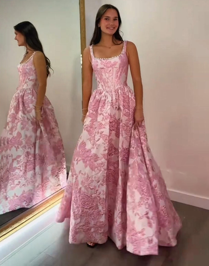 Sparkly Blush Corset Floral A Line Square Neck Long Prom Dress with Pearls