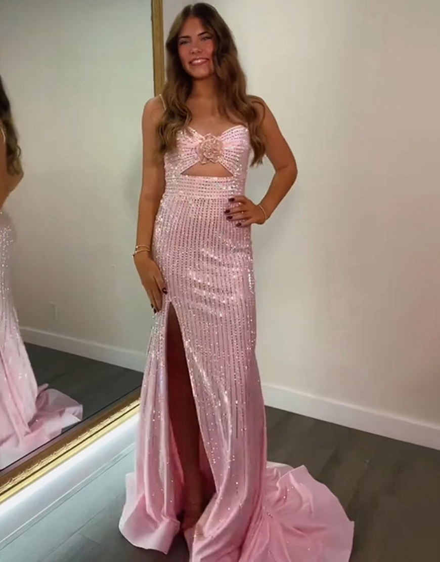 Sparkly Pink Sequin Mermaid Keyhole Spaghetti Straps Long Prom Dress with Slit