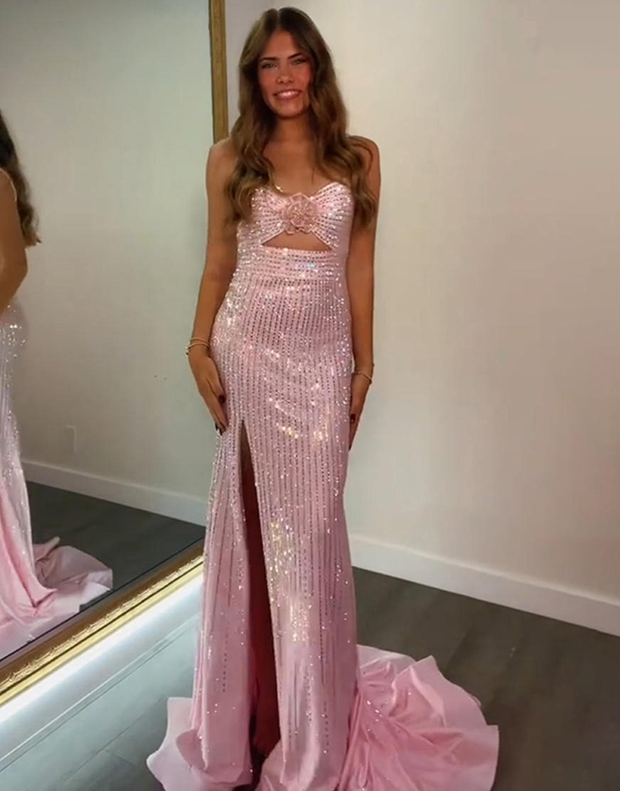 Sparkly Pink Sequin Mermaid Keyhole Spaghetti Straps Long Prom Dress with Slit