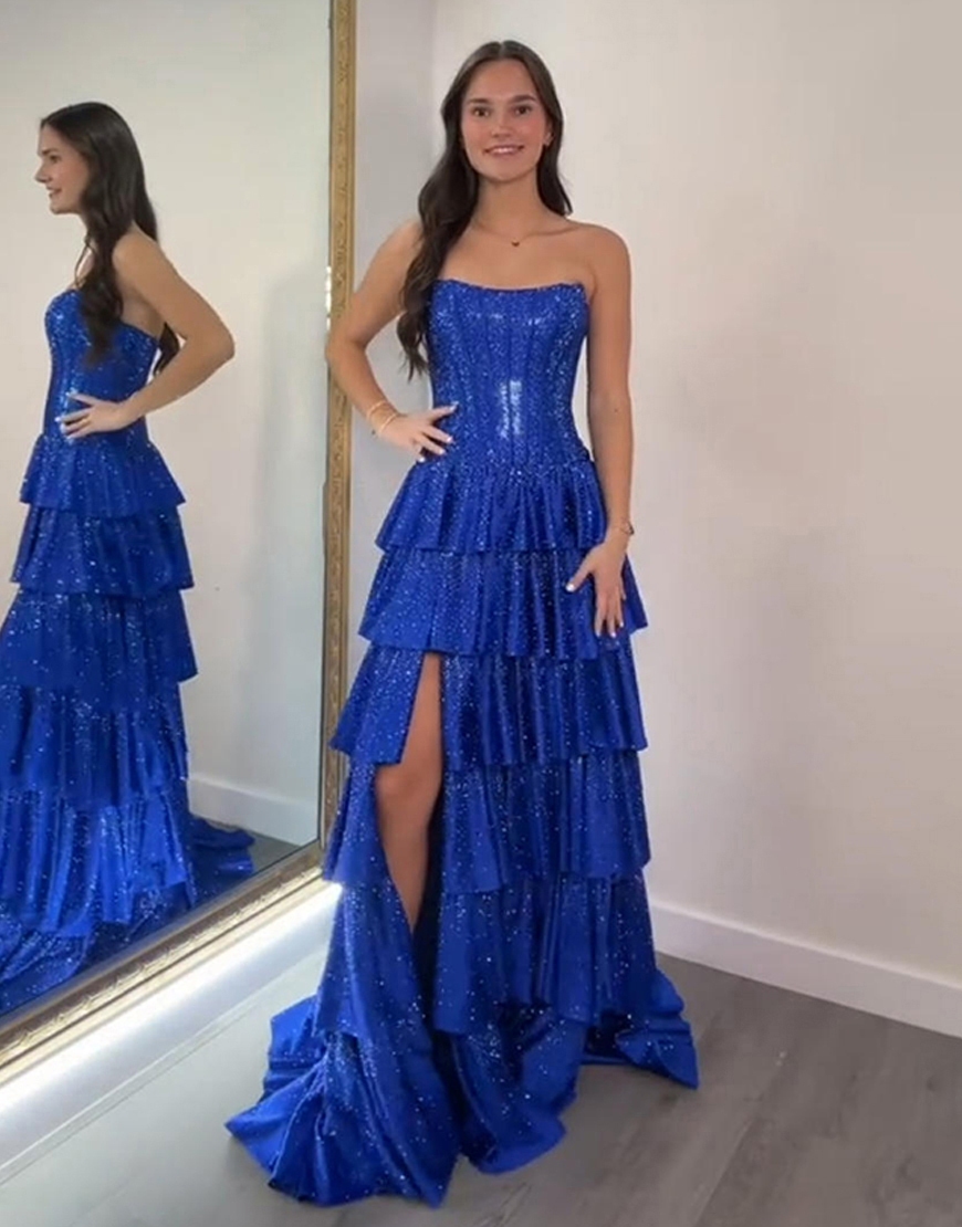 Berlinnova Women Sparkly Royal Blue Corset Long Prom Dress with Beading Satin A Line Strapless Tiered Ruffled Pageant Dress with Slit