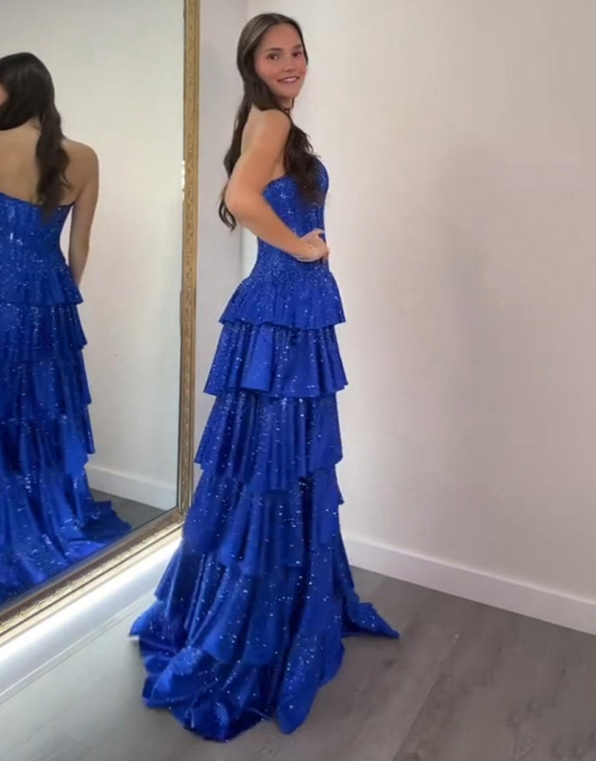 Sparkly Royal Blue Corset A Line Sequin Strapless Tiered Ruffled Long Prom Dress with Slit