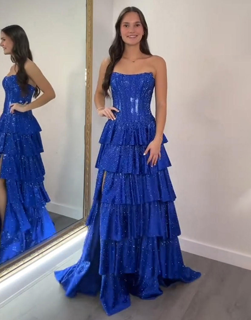 Sparkly Royal Blue Corset A Line Sequin Strapless Tiered Ruffled Long Prom Dress with Slit
