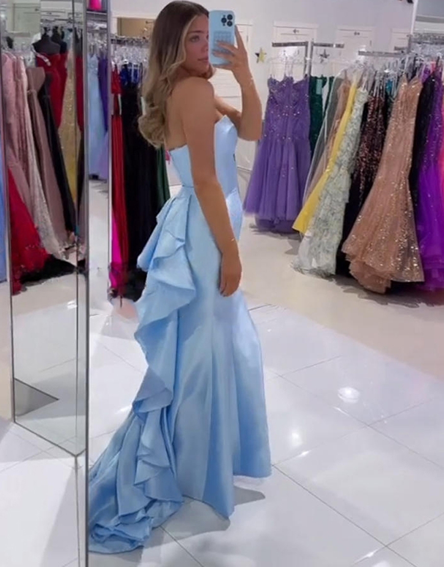 Blue Satin Mermaid Strapless Long Prom Dress with Ruffles