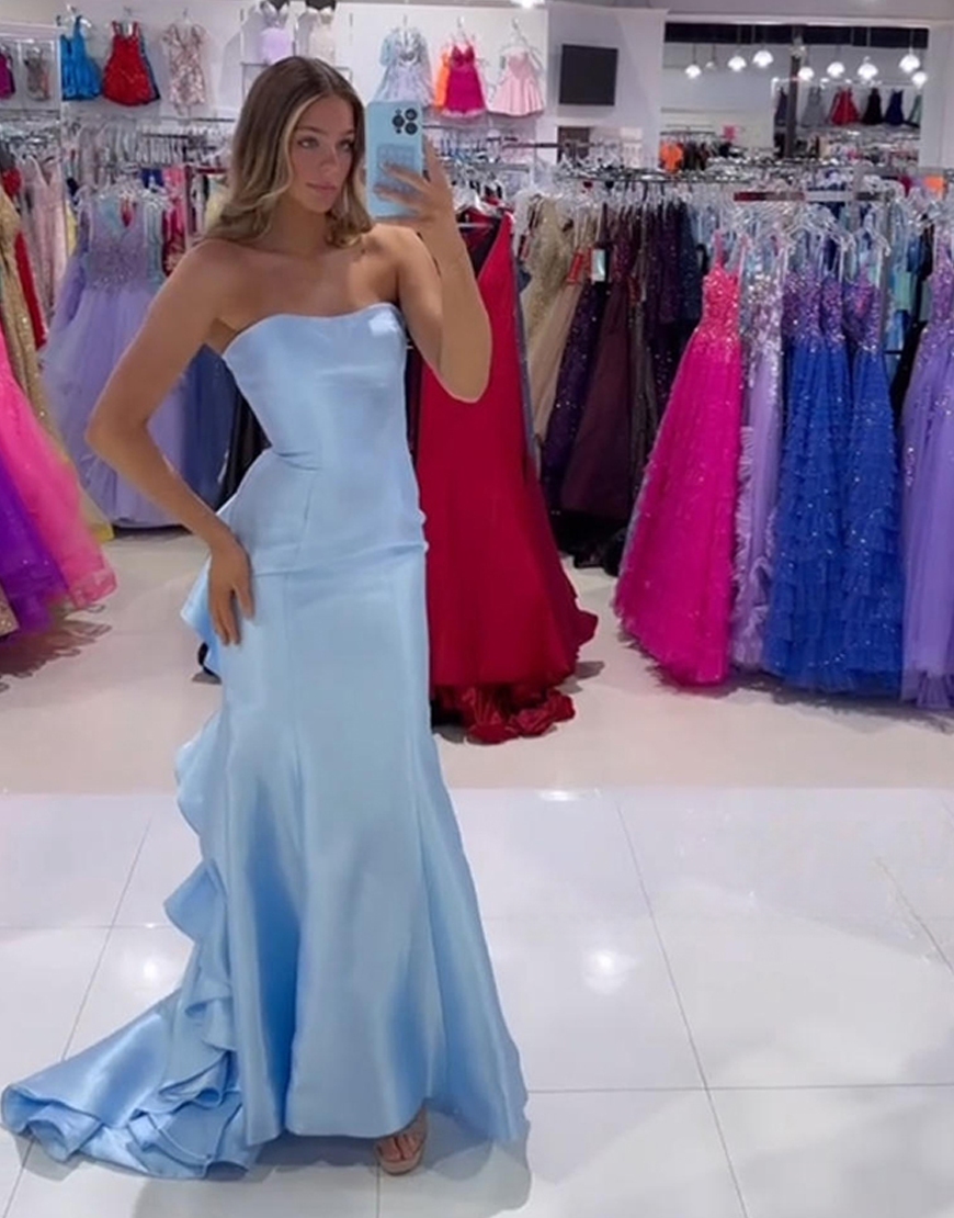 Blue Satin Mermaid Strapless Long Prom Dress with Ruffles