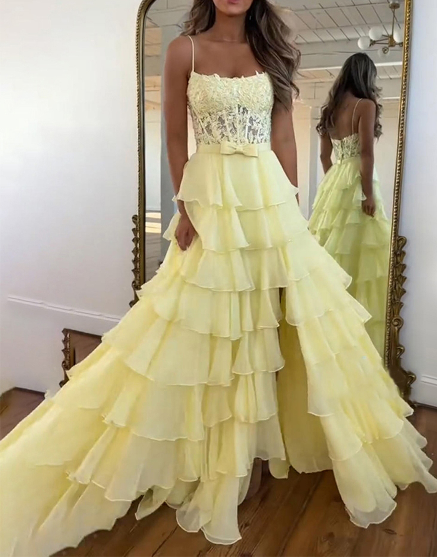 Blue A Line Corset Tiered Ruffled Spaghetti Straps Appliqued Long Prom Dress with Slit