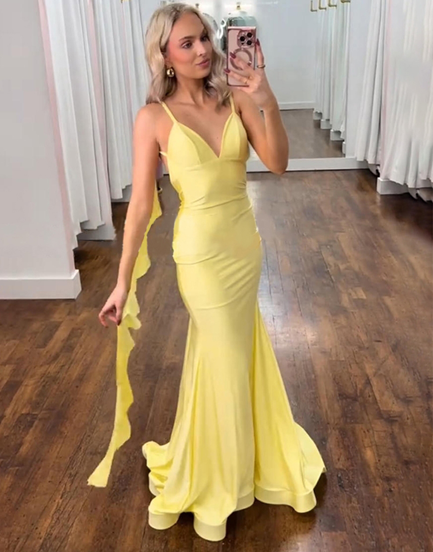 Yellow Mermaid Spaghetti Straps Long Prom Dress with Sash