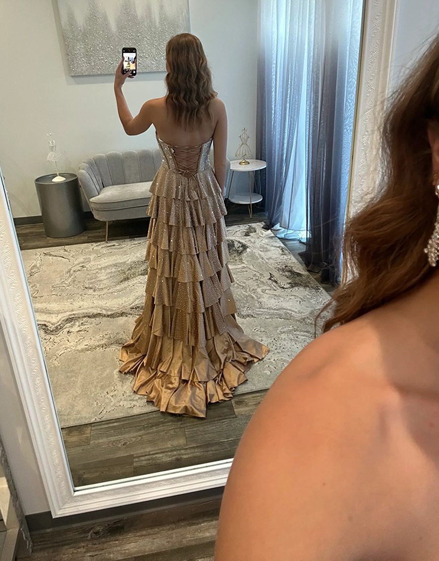 Sparkly Champagne Satin Beaded Corset Ruffled Long Prom Dress with Slit