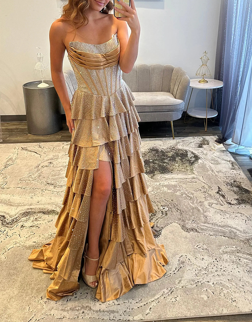 Sparkly Champagne Satin Beaded Corset Ruffled Long Prom Dress with Slit