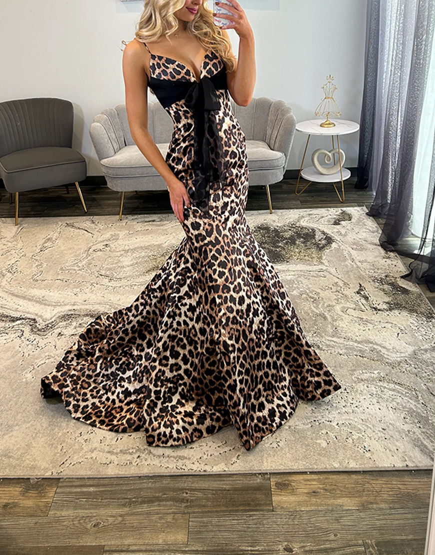 Brown Leopard Spaghetti Straps Mermaid Long Prom Dress with Bow