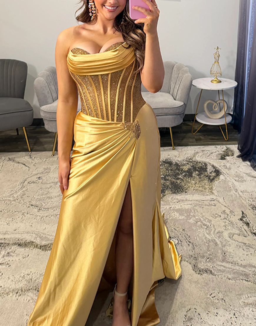 Sparkly Silver Satin Corset Mermaid Beaded Long Prom Dress with Slit