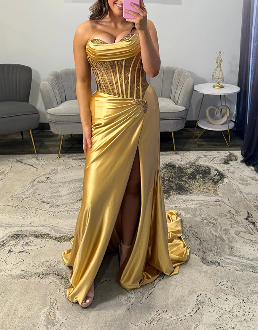 Sparkly Silver Satin Corset Mermaid Beaded Long Prom Dress with Slit