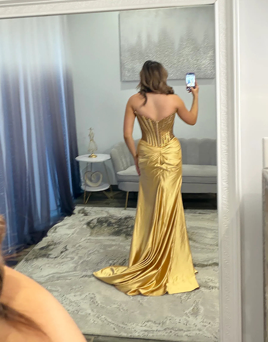 Sparkly Silver Satin Corset Mermaid Beaded Long Prom Dress with Slit