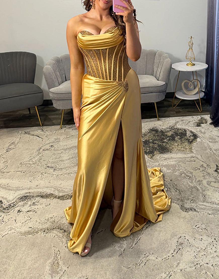 Sparkly Silver Satin Corset Mermaid Beaded Long Prom Dress with Slit