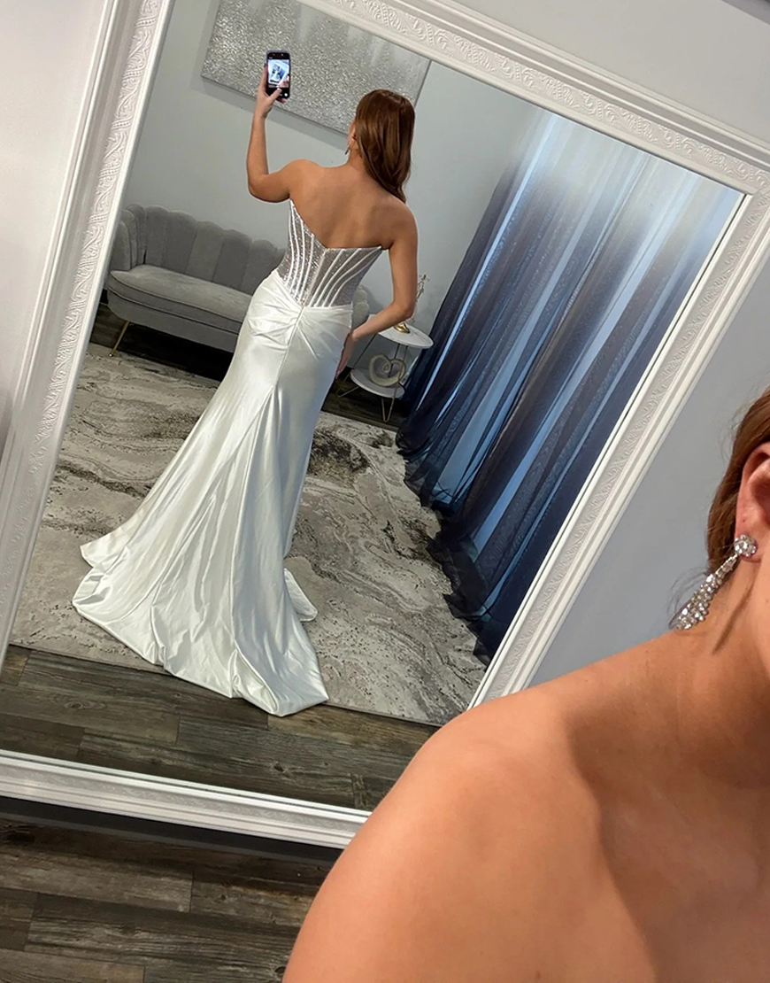 Sparkly Silver Satin Corset Mermaid Beaded Long Prom Dress with Slit