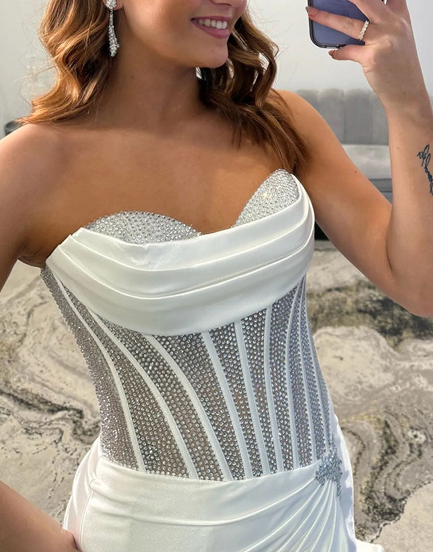 Sparkly Silver Satin Corset Mermaid Beaded Long Prom Dress with Slit