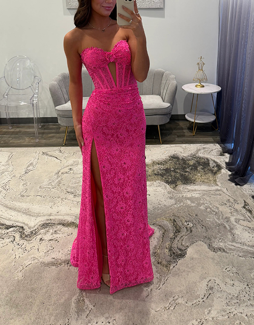 Sparkly Fuchsia Mermaid Corset Lace Keyhole Long Prom Dress with Slit