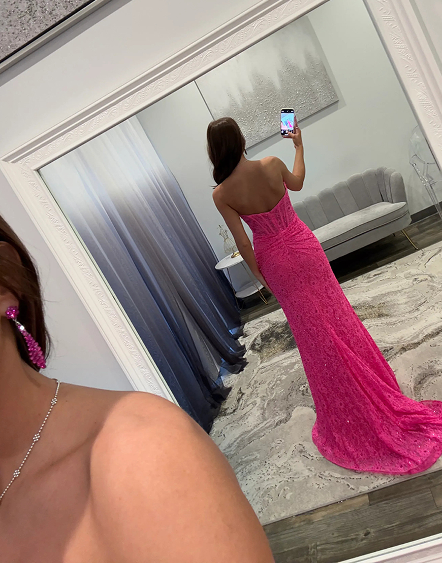 Sparkly Fuchsia Mermaid Corset Lace Keyhole Long Prom Dress with Slit