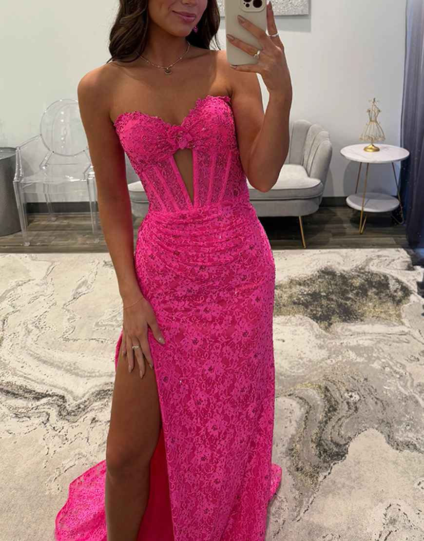 Sparkly Fuchsia Mermaid Corset Lace Keyhole Long Prom Dress with Slit