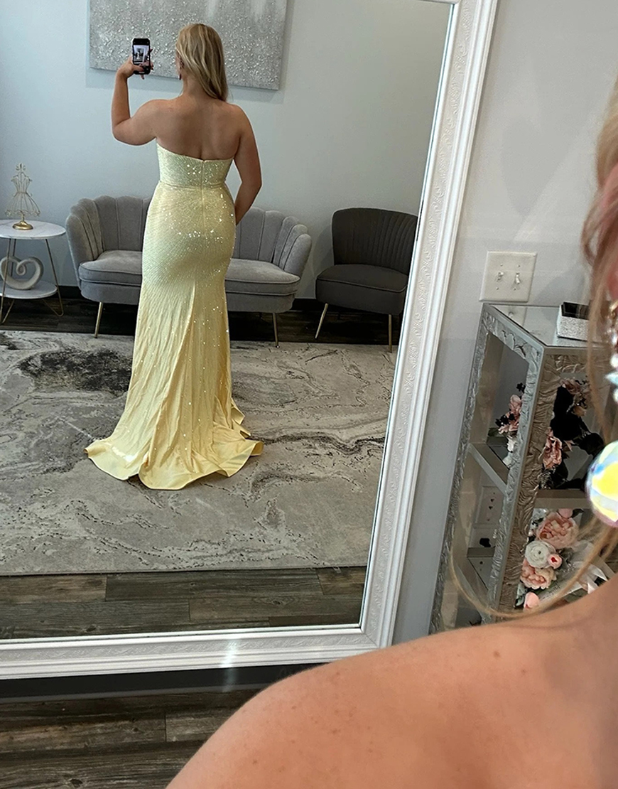 Sparkly Yellow Mermaid Beaded Satin Sweetheart Long Prom Dress