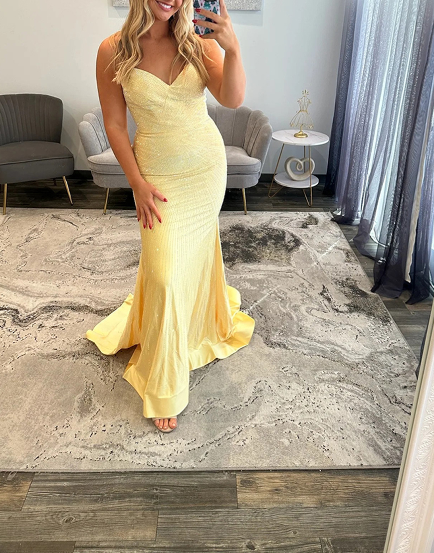 Sparkly Yellow Mermaid Beaded Satin Sweetheart Long Prom Dress