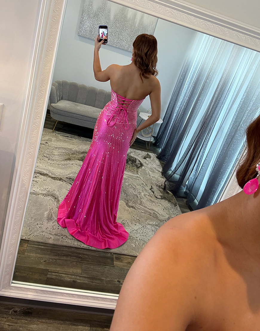 Sparkly Navy Beaded Satin Sweetheart Mermaid Long Prom Dress with Slit