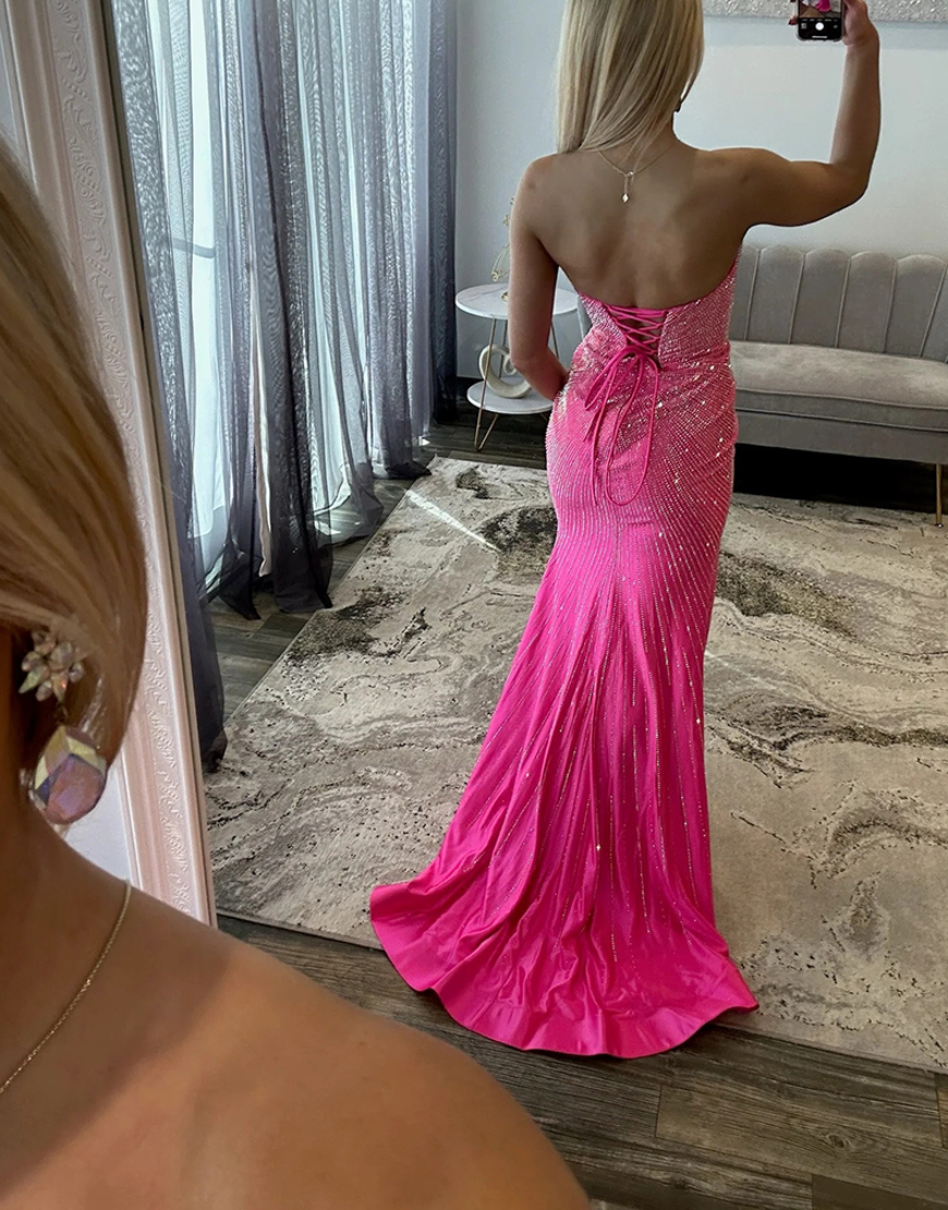 Sparkly Navy Beaded Satin Sweetheart Mermaid Long Prom Dress with Slit