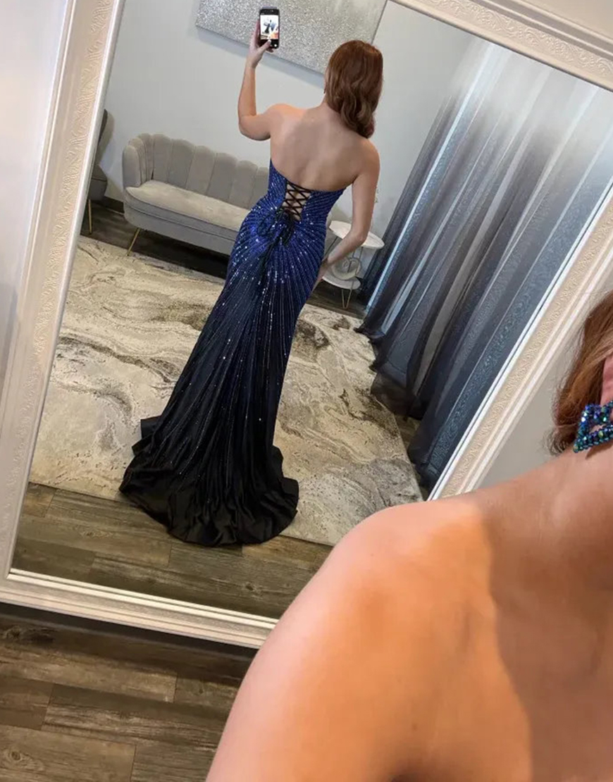 Sparkly Navy Beaded Satin Sweetheart Mermaid Long Prom Dress with Slit