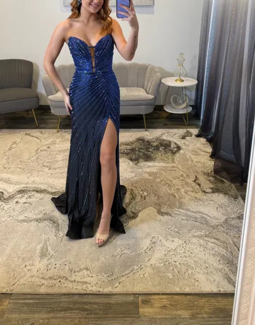 Sparkly Navy Beaded Satin Sweetheart Mermaid Long Prom Dress with Slit