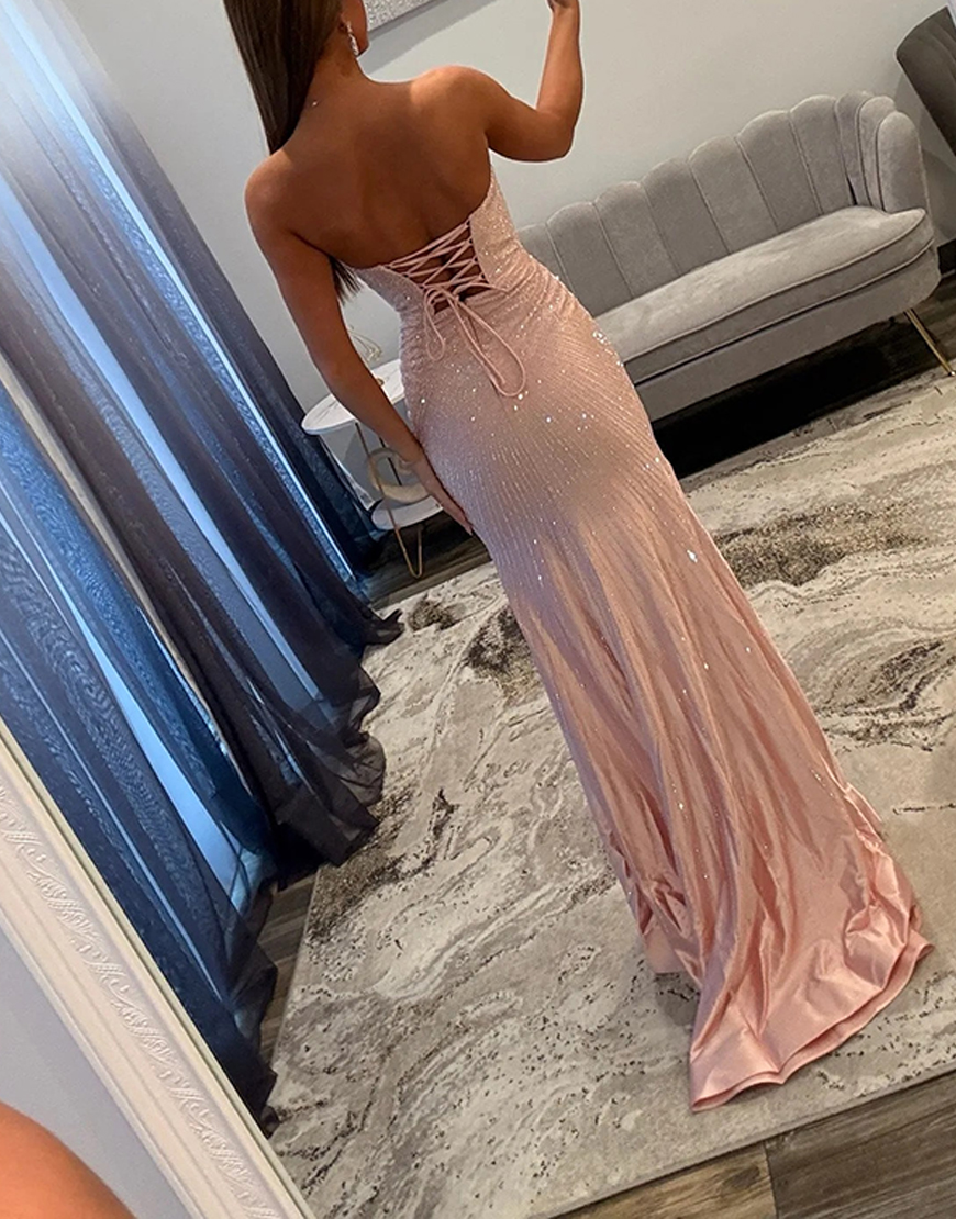 Sparkly Navy Beaded Satin Sweetheart Mermaid Long Prom Dress with Slit