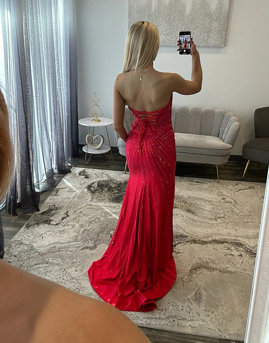 Sparkly Navy Beaded Satin Sweetheart Mermaid Long Prom Dress with Slit