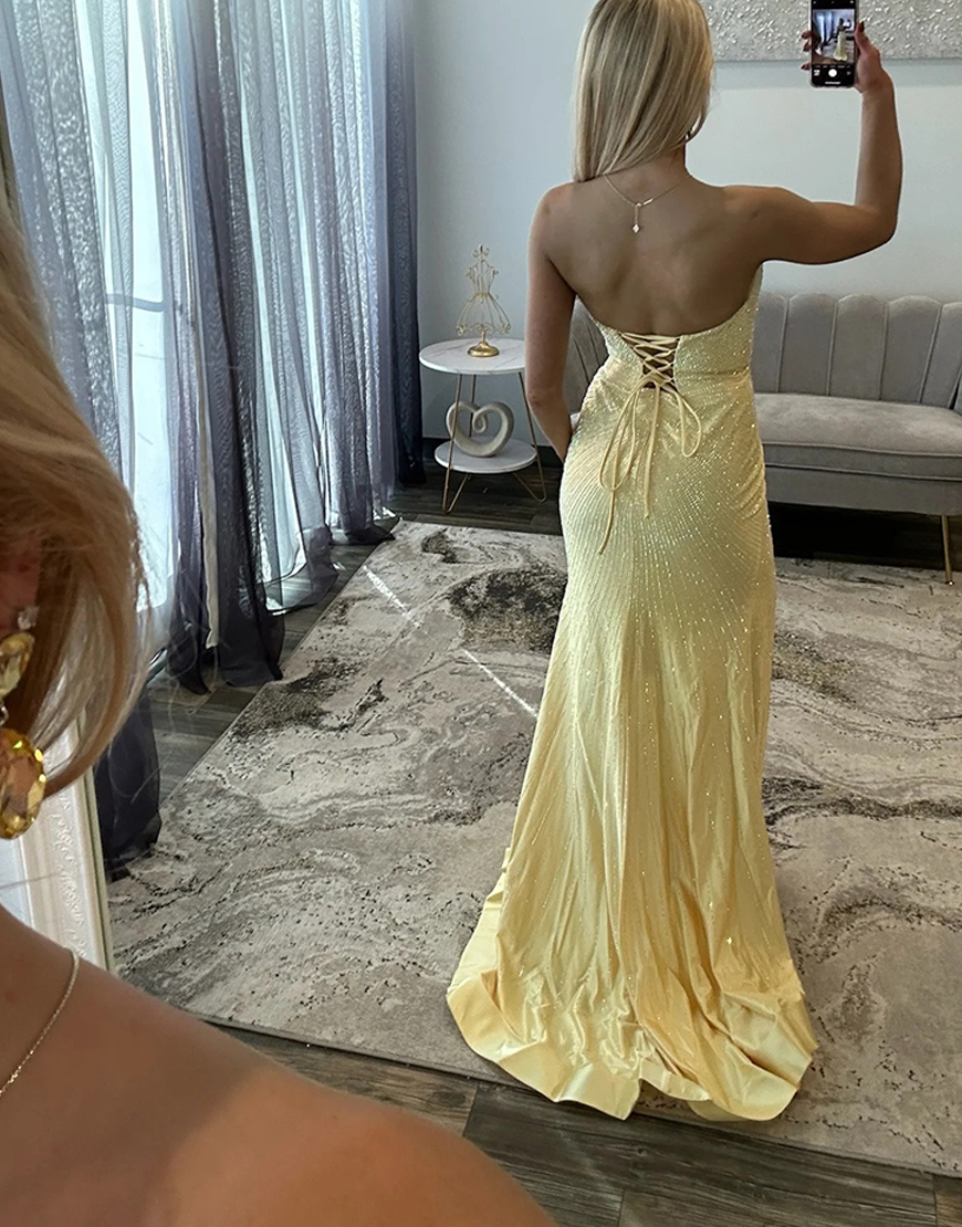 Sparkly Navy Beaded Satin Sweetheart Mermaid Long Prom Dress with Slit