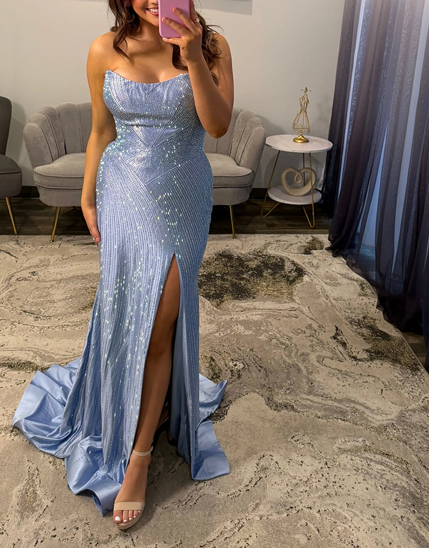 Sparkly Yellow Beaded Satin Mermaid Strapless Long Prom Dress with Slit