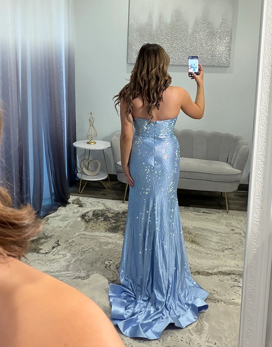 Sparkly Yellow Beaded Satin Mermaid Strapless Long Prom Dress with Slit