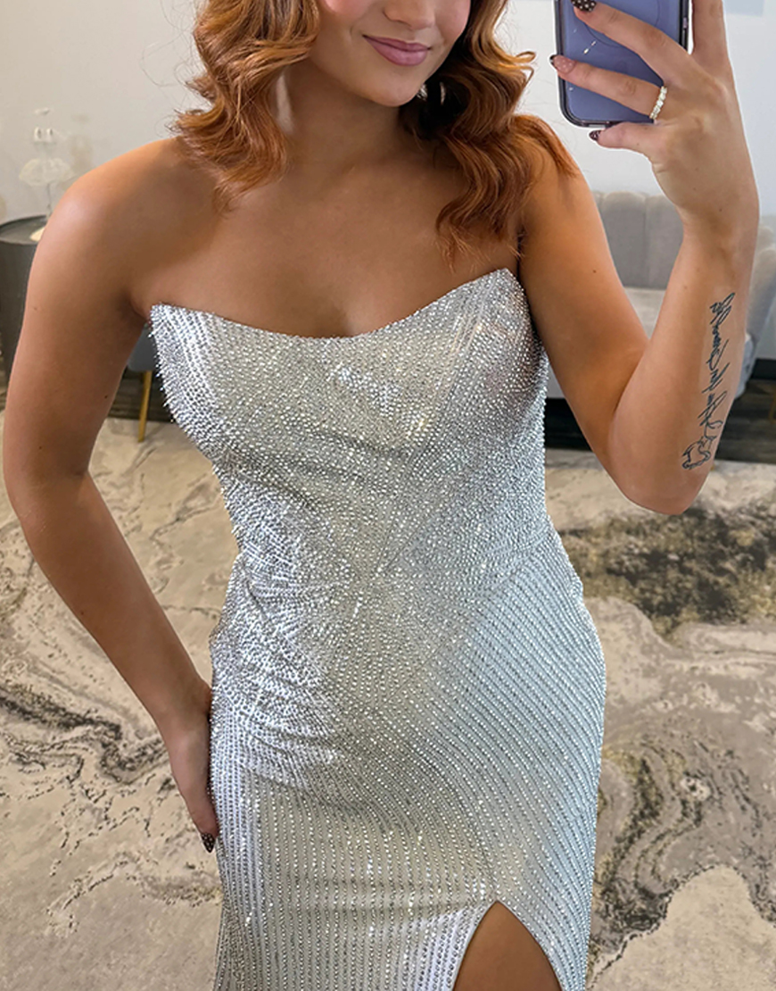 Sparkly Yellow Beaded Satin Mermaid Strapless Long Prom Dress with Slit