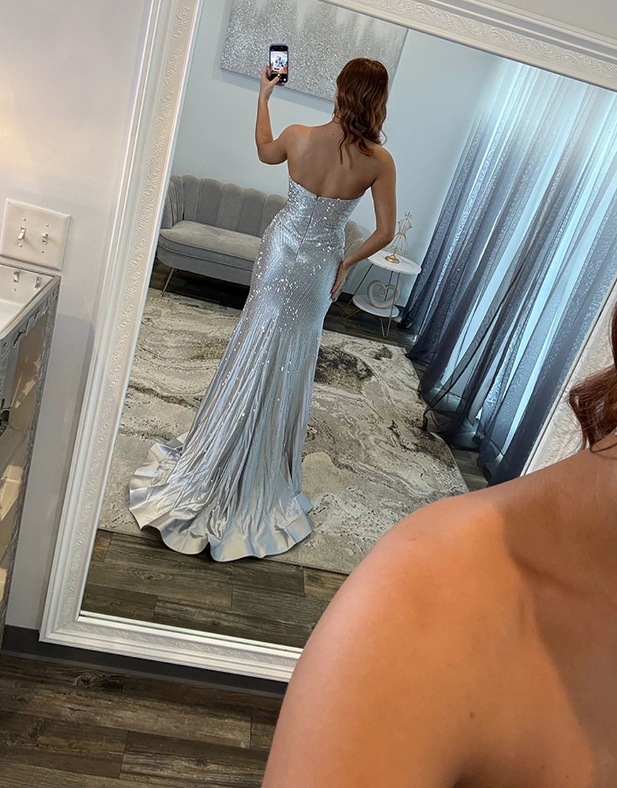 Sparkly Yellow Beaded Satin Mermaid Strapless Long Prom Dress with Slit